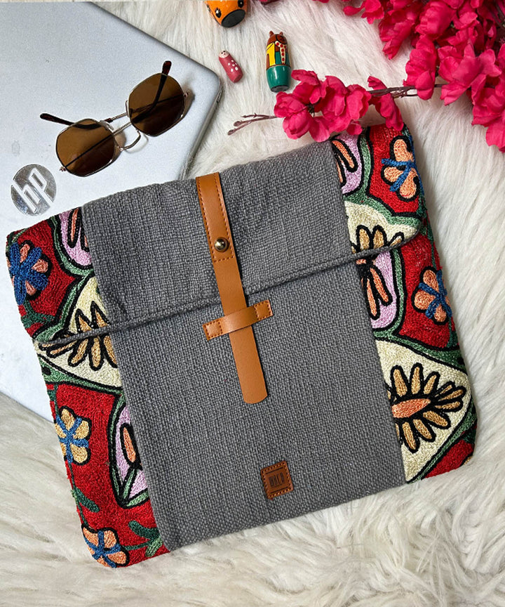 Grey hand embroidered kashmiri canvas laptop sleeves bag