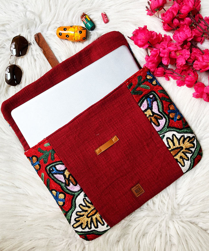 Red hand embroidered kashmiri canvas laptop sleeves bag