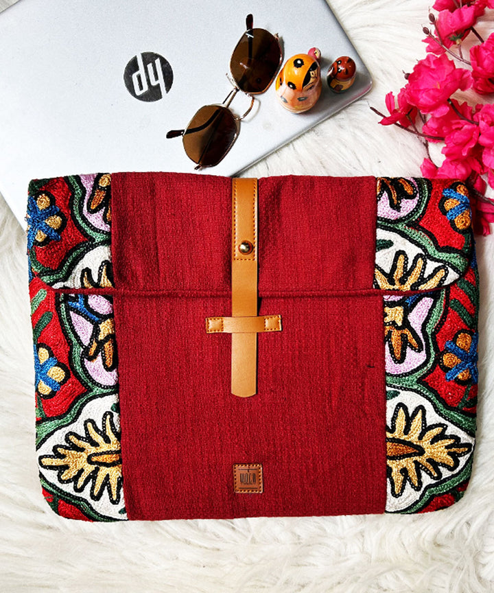 Red hand embroidered kashmiri canvas laptop sleeves bag