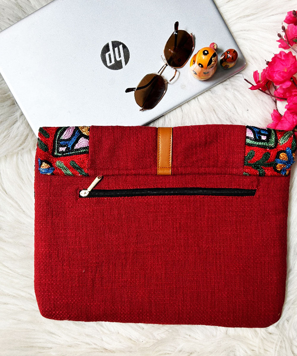 Red hand embroidered kashmiri canvas laptop sleeves bag