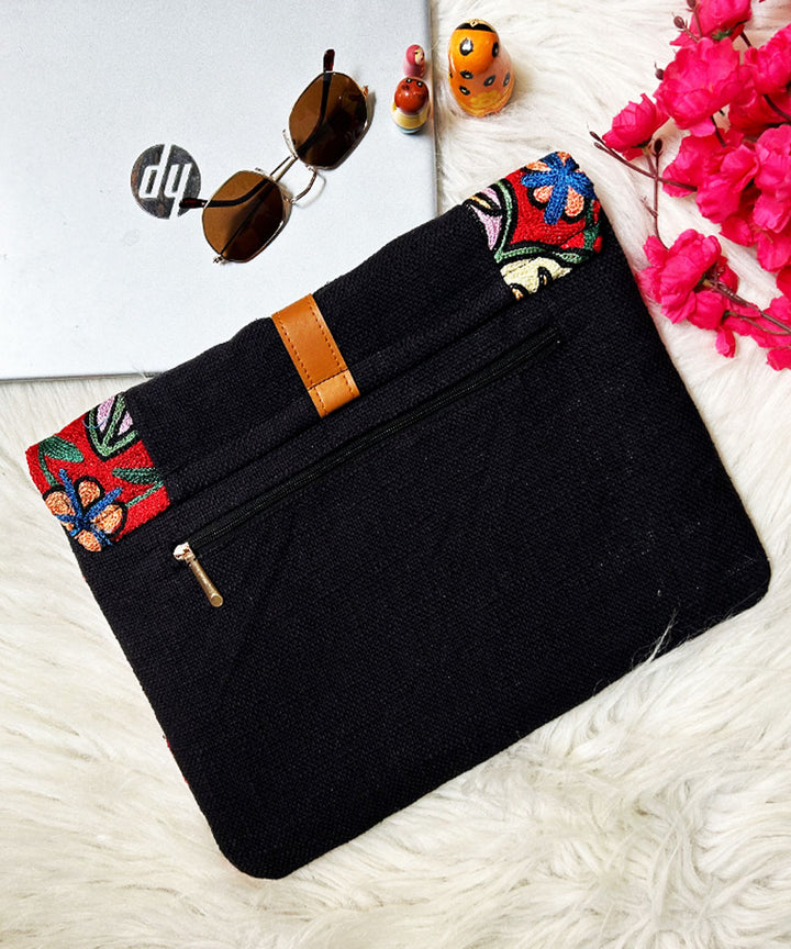 Black hand embroidered kashmiri canvas laptop sleeves bag