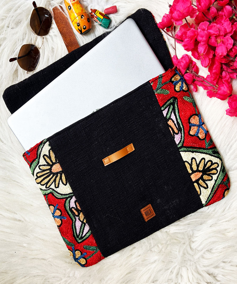 Black hand embroidered kashmiri canvas laptop sleeves bag