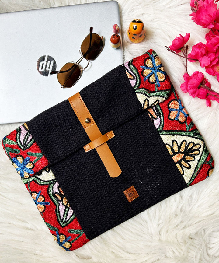 Black hand embroidered kashmiri canvas laptop sleeves bag