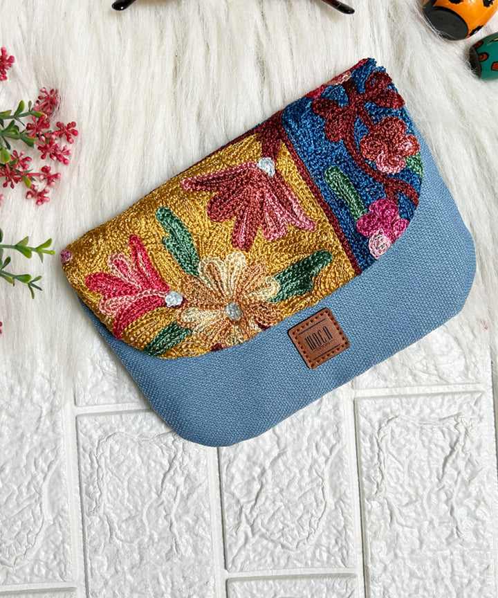 Sky blue hand embroidered kashmiri canvas wallet