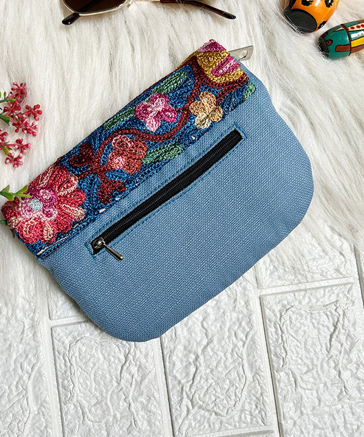 Sky blue hand embroidered kashmiri canvas wallet