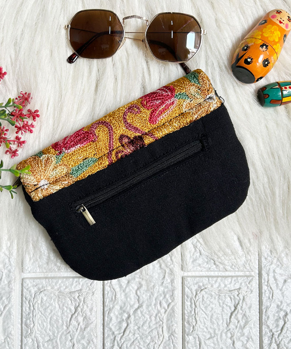 Black hand embroidered kashmiri canvas wallet