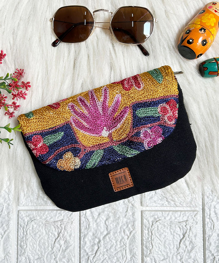 Black hand embroidered kashmiri canvas wallet