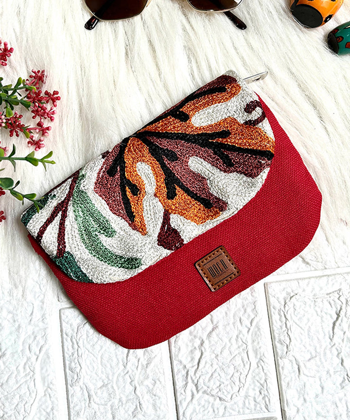 Red hand embroidered kashmiri canvas wallet