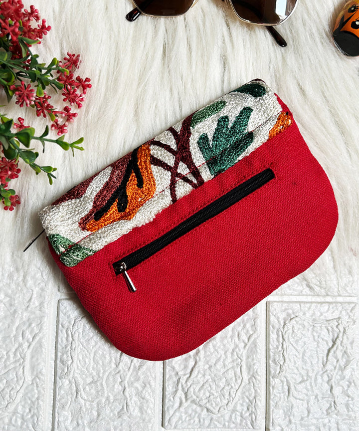 Red hand embroidered kashmiri canvas wallet