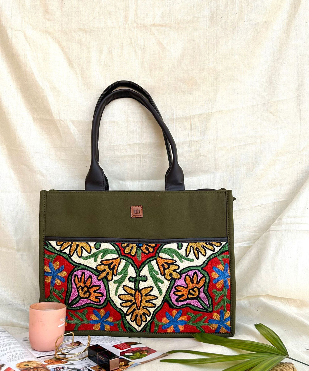Olive green hand embroidered kashmiri canvas hand bag