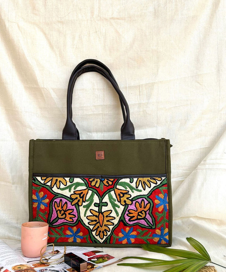 Olive green hand embroidered kashmiri canvas hand bag
