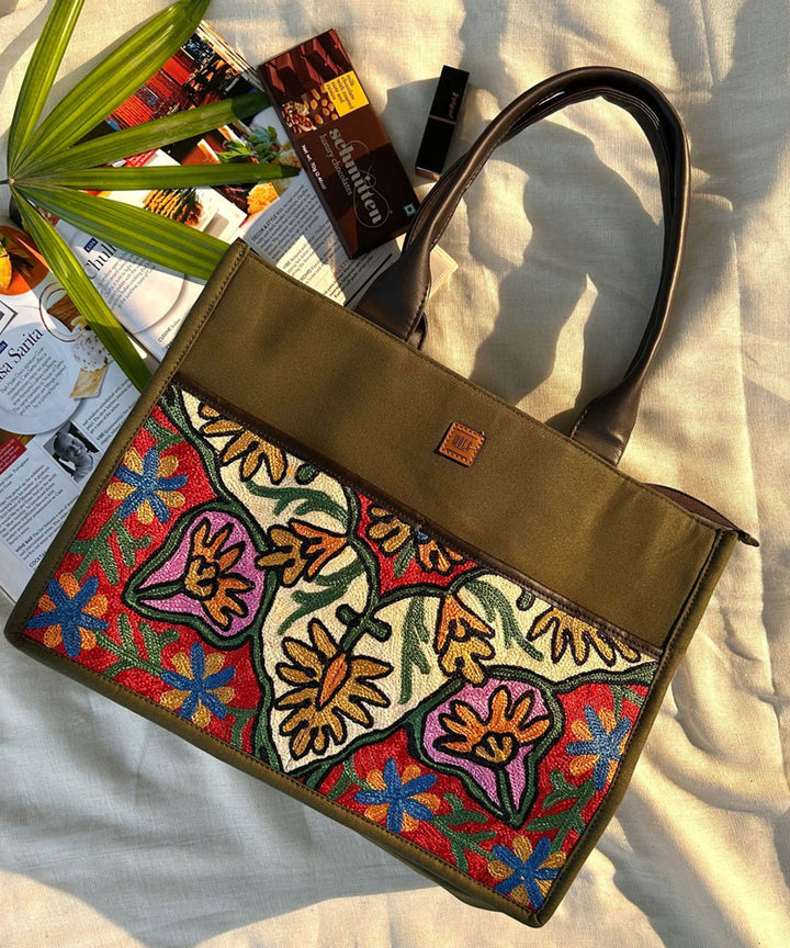 Olive green hand embroidered kashmiri canvas hand bag