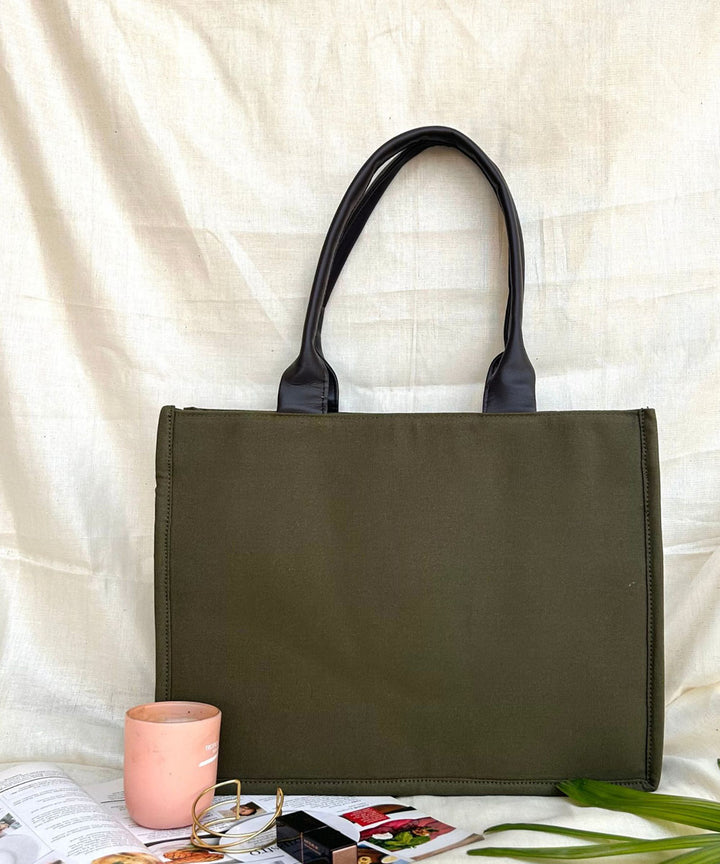 Olive green hand embroidered kashmiri canvas hand bag