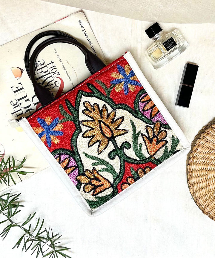 White hand embroidered kashmiri canvas sling bag