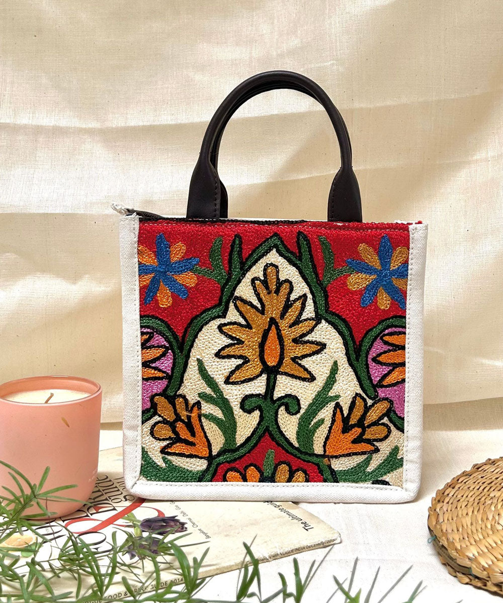 White hand embroidered kashmiri canvas sling bag