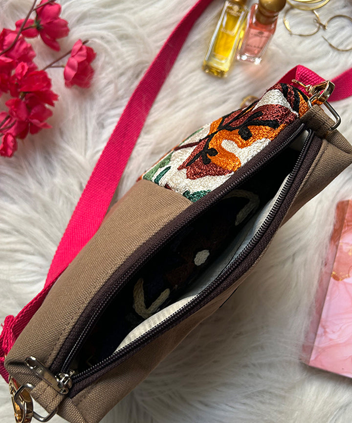 Beige maple embroidered kashmiri canvas sling bag