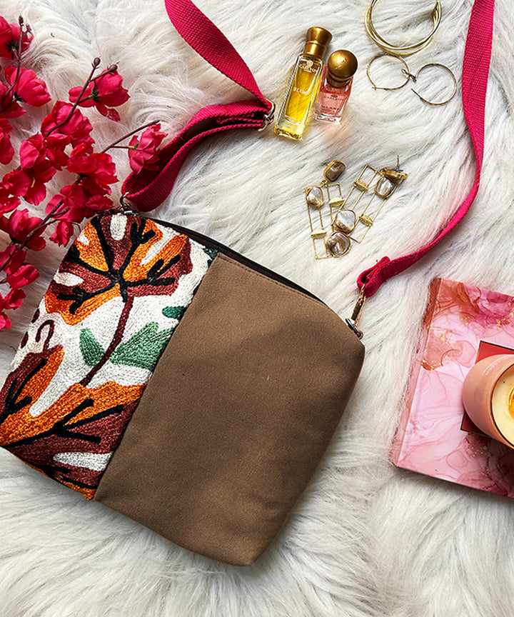 Beige maple embroidered kashmiri canvas sling bag