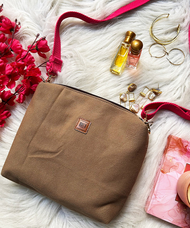 Beige maple embroidered kashmiri canvas sling bag