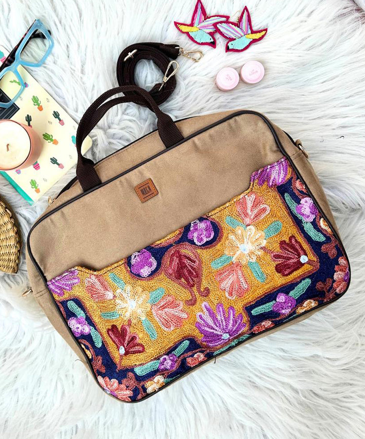 Magnolia beige hand embroidered kashmiri canvas laptop bag