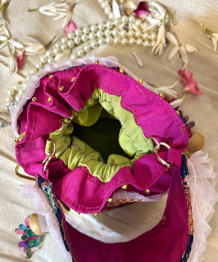 Fushia pink hand embroidered kashmiri potli bag