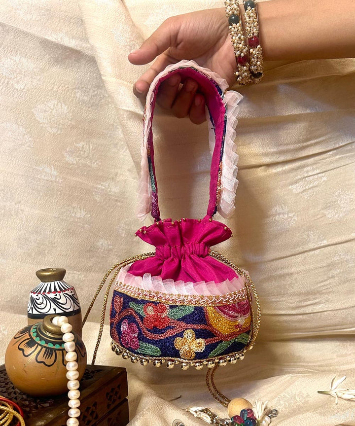 Fushia pink hand embroidered kashmiri potli bag