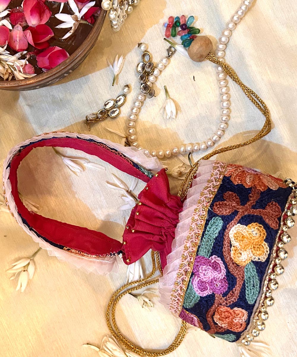 Fushia pink hand embroidered kashmiri potli bag