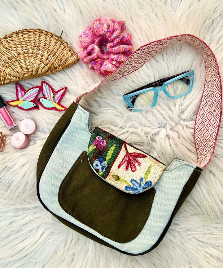 Sillica pastel blue hand embroidered kashmiri canvas saddle bag