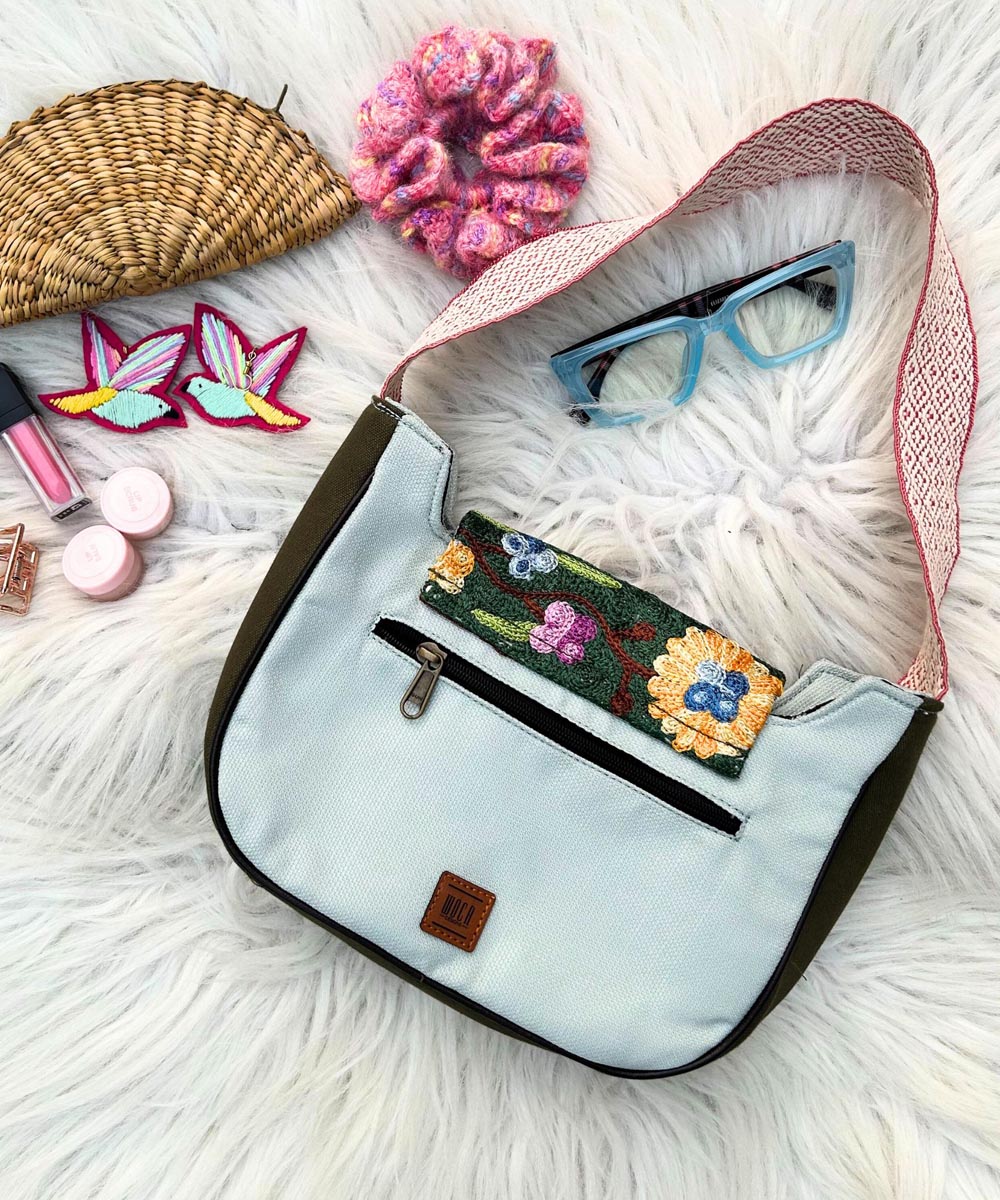 Sillica pastel blue hand embroidered kashmiri canvas saddle bag