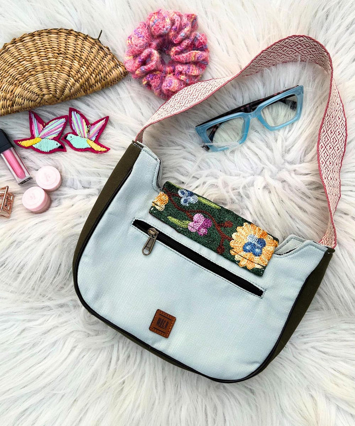 Sillica pastel blue hand embroidered kashmiri canvas saddle bag