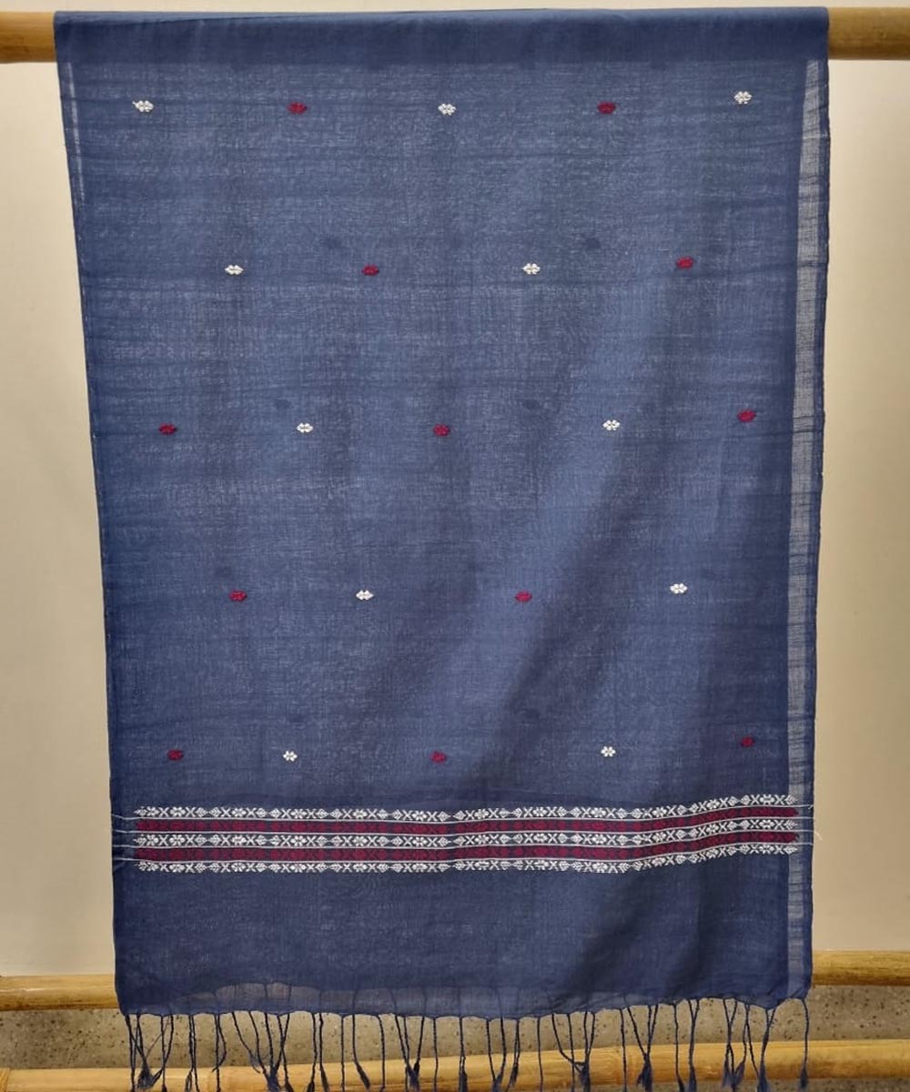 Navy blue offwhite handloom cotton assam dupatta