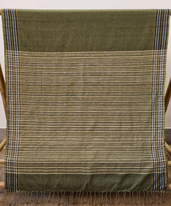 Olive green striped pallu cotton handwoven assam saree