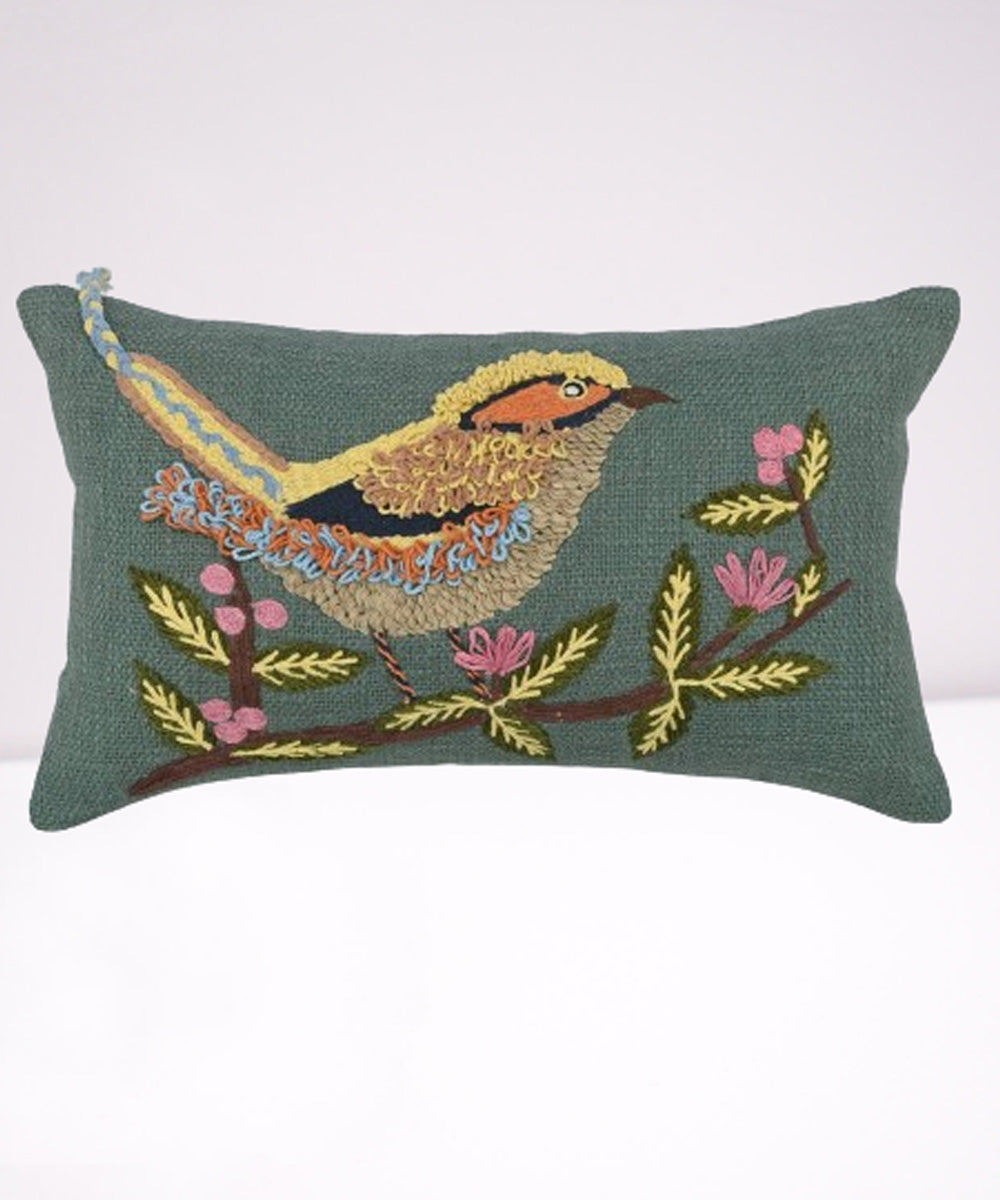 Green bird loop handembroidered cotton cushion cover