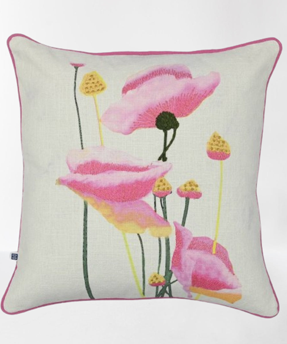 Off white handembroidered cotton oleander cushion cover