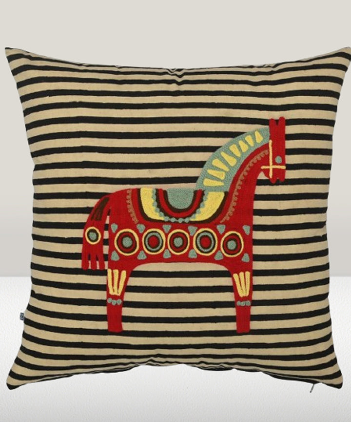 Black cream horse embroidery stripes cotton cushion cover
