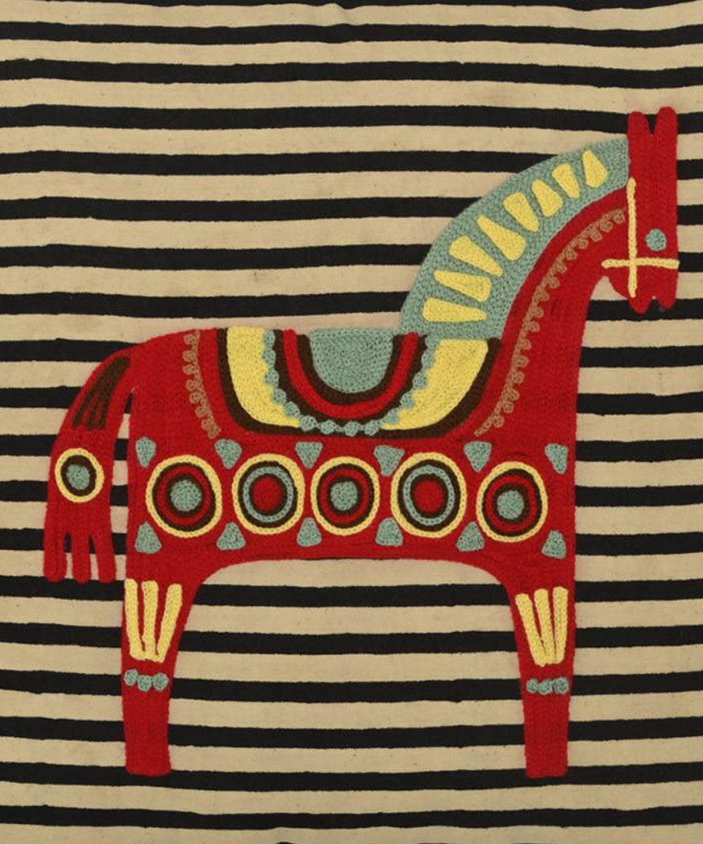 Black cream horse embroidery stripes cotton cushion cover