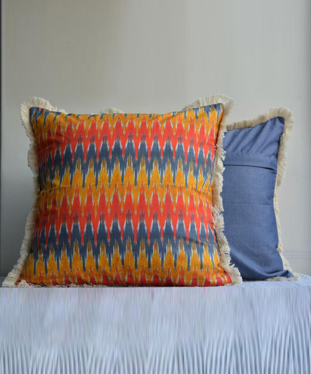 Orange blue handwoven ikat cotton cushion cover