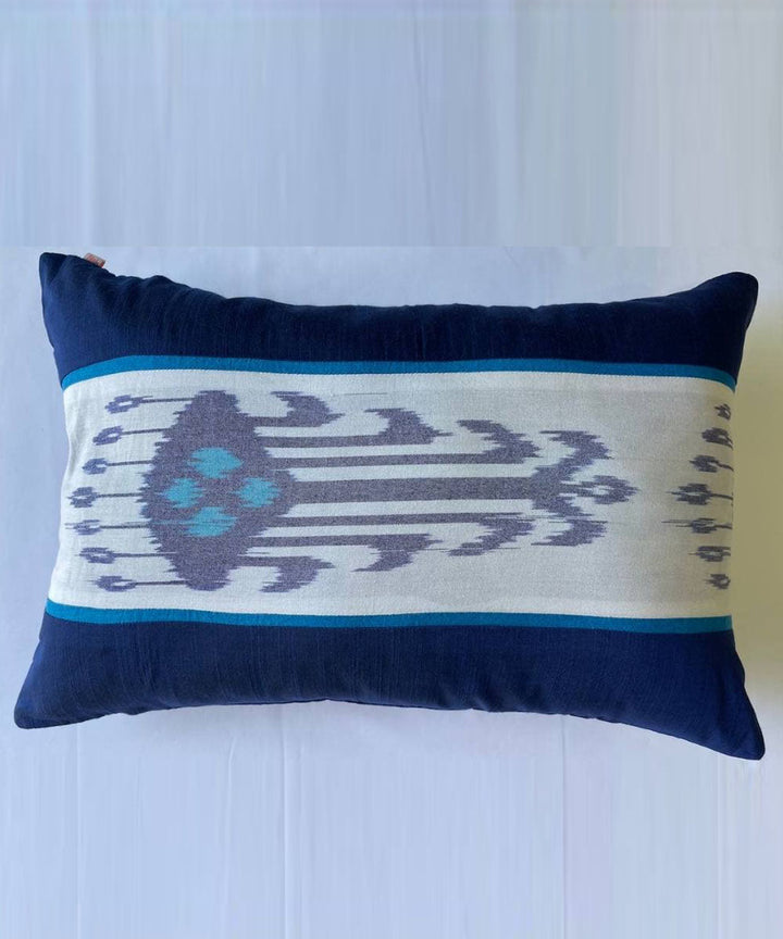 White blue handwoven ikat cotton cushion cover