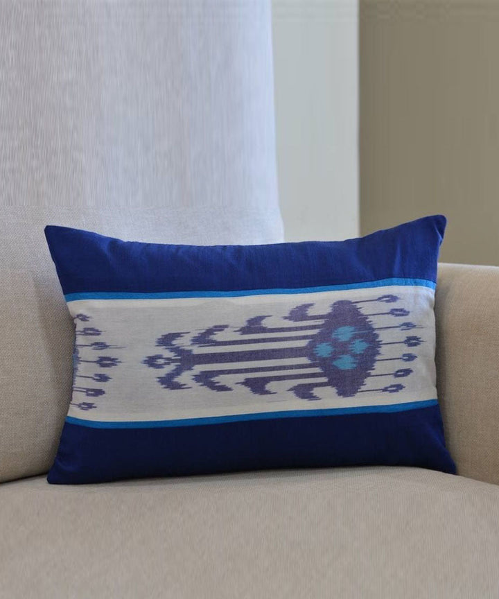 White blue handwoven ikat cotton cushion cover