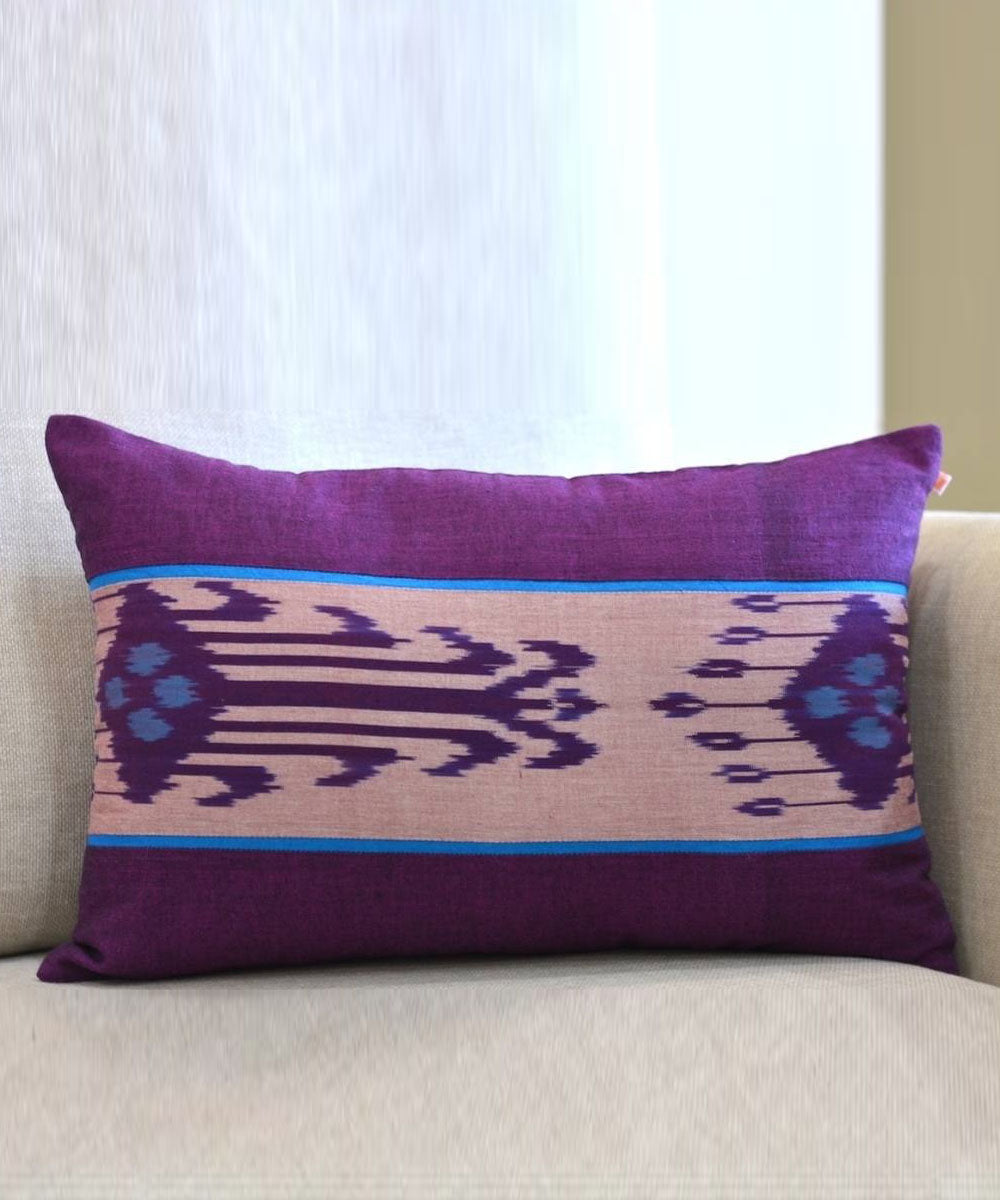 Purple cream handwoven ikat cotton cushion cover