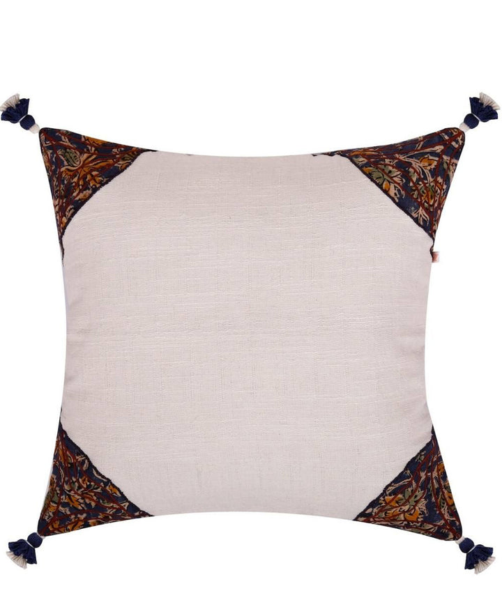 White handpainted cotton linen kalamkari cushion cove