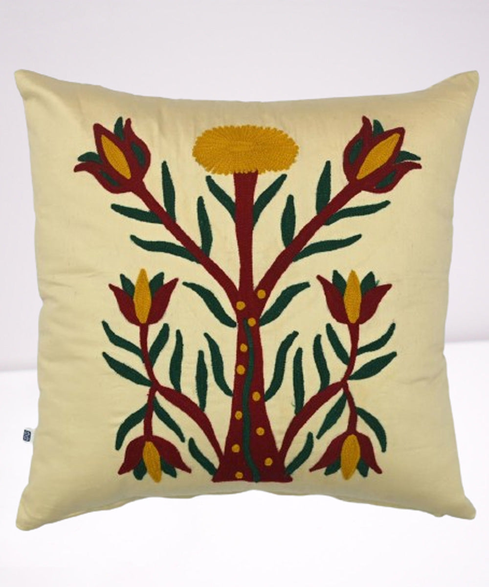 Cream tree hand embroidered cotton cushion cover