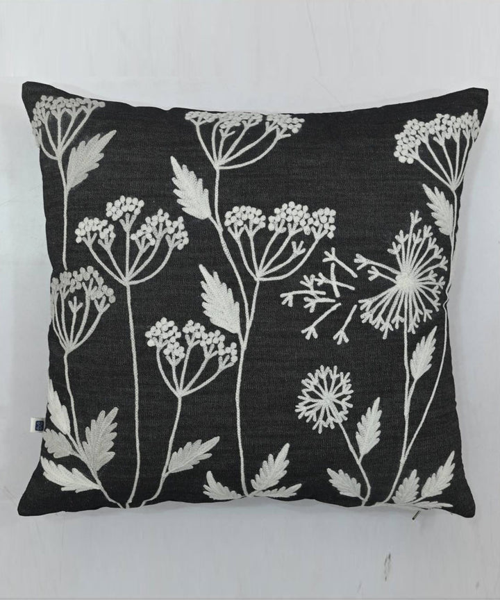 Black white blossom hand embroidery denim cushion cover