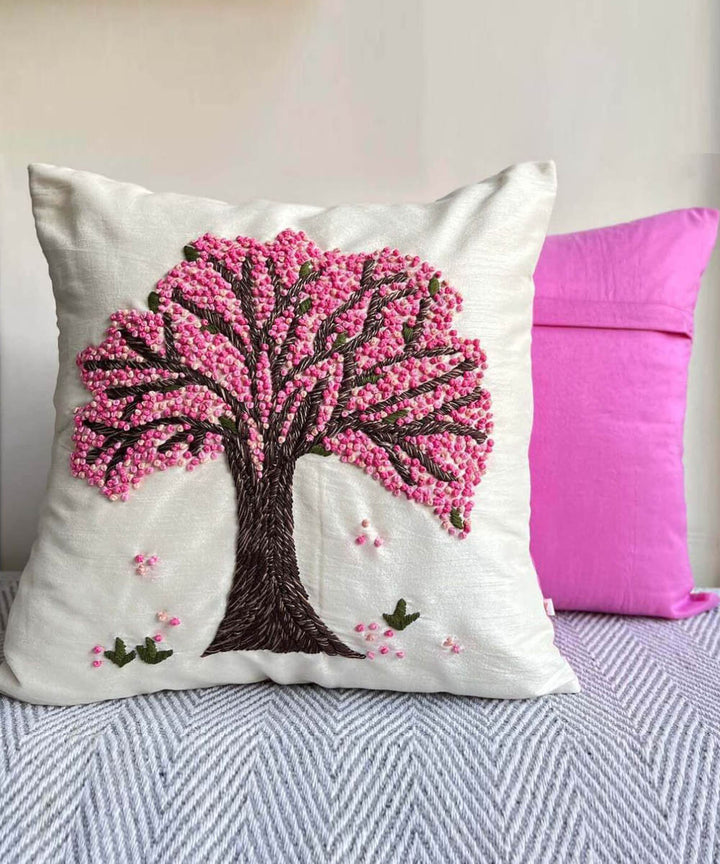 Off white french knot hand embroidery dupion silk cushion cover