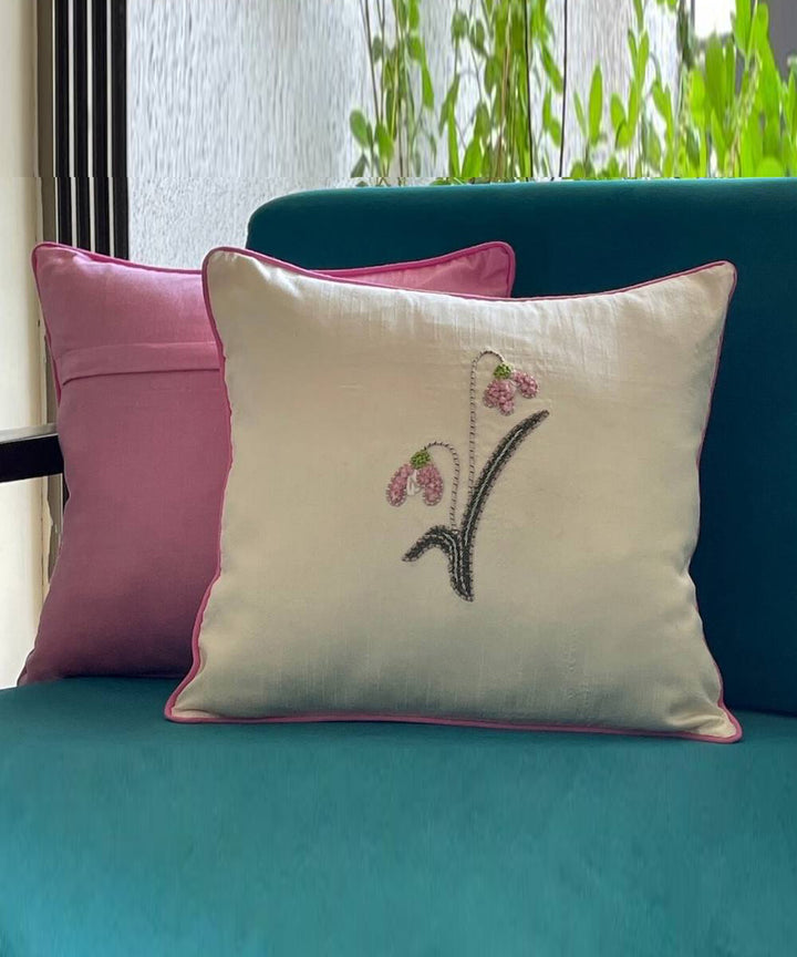 Off white hand embroidered dupion silk cushion cover