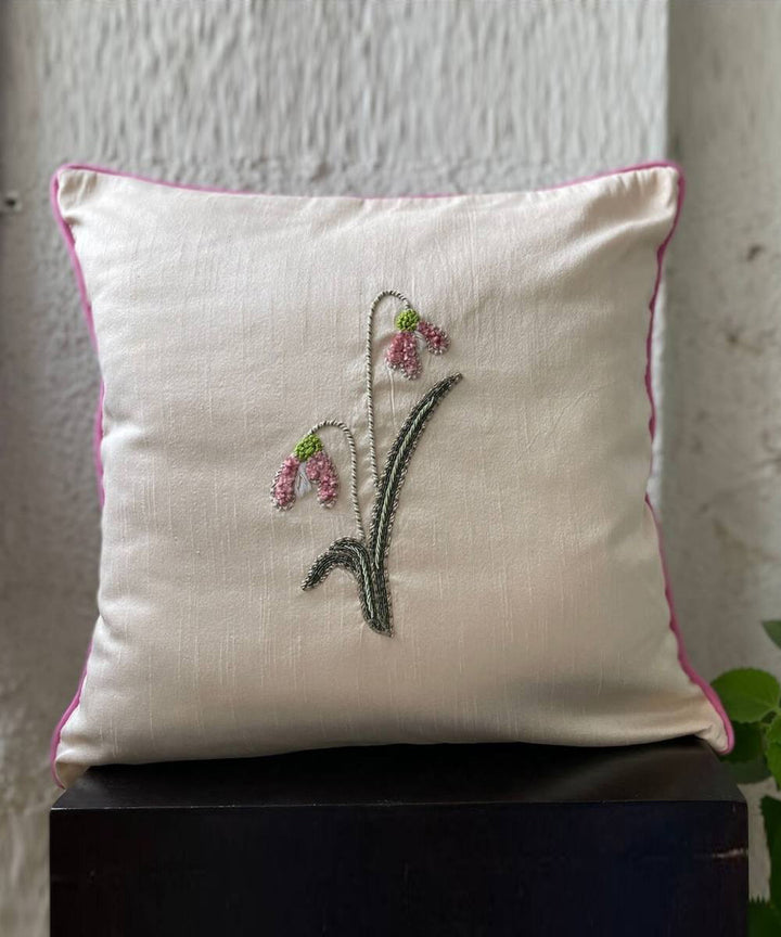 Off white hand embroidered dupion silk cushion cover