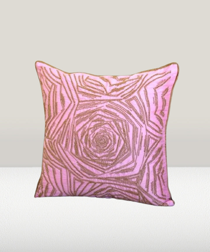 Pink hand embroidered tafeta cushion cover