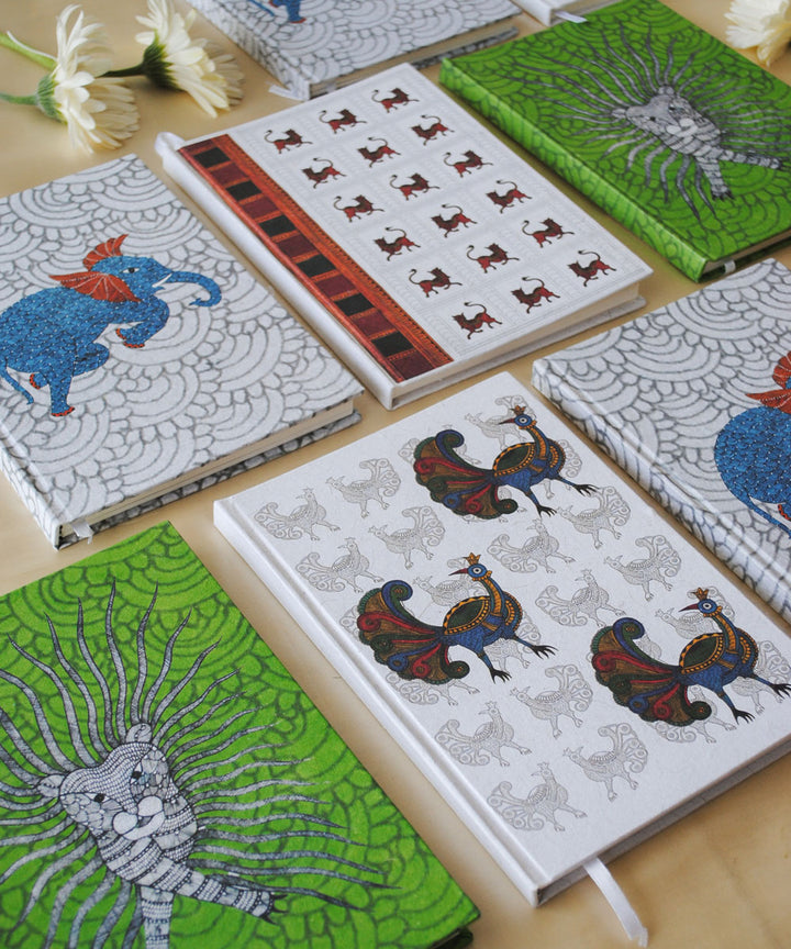 White handcrafted wild boar gond art A5 journal