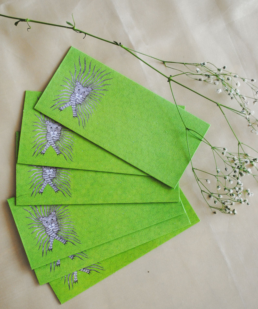 Green hand crafted tiger gond art envelope set of 6