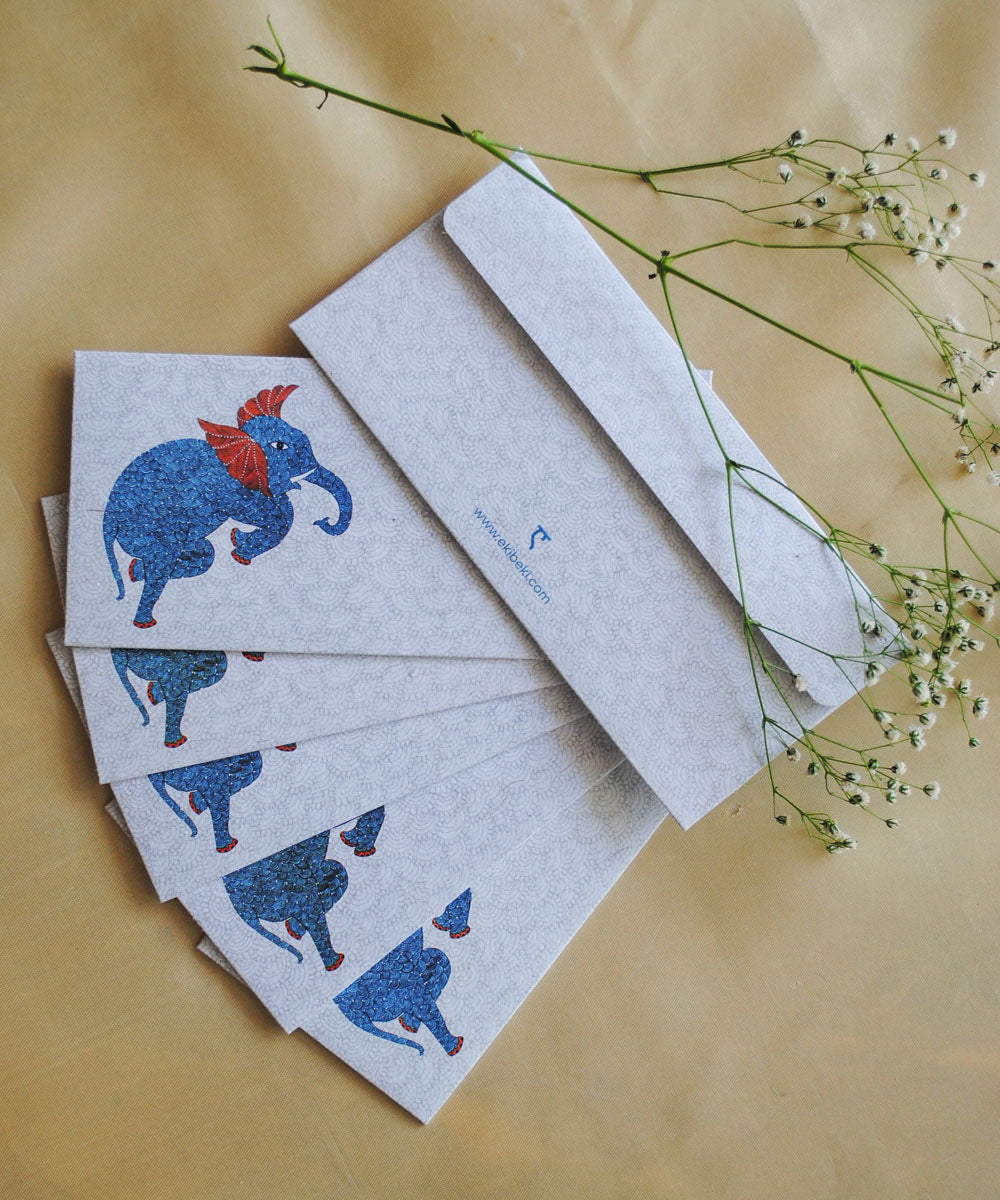 White hand crafted elephant gond art envelope set of 6