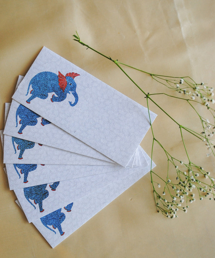 White hand crafted elephant gond art envelope set of 6
